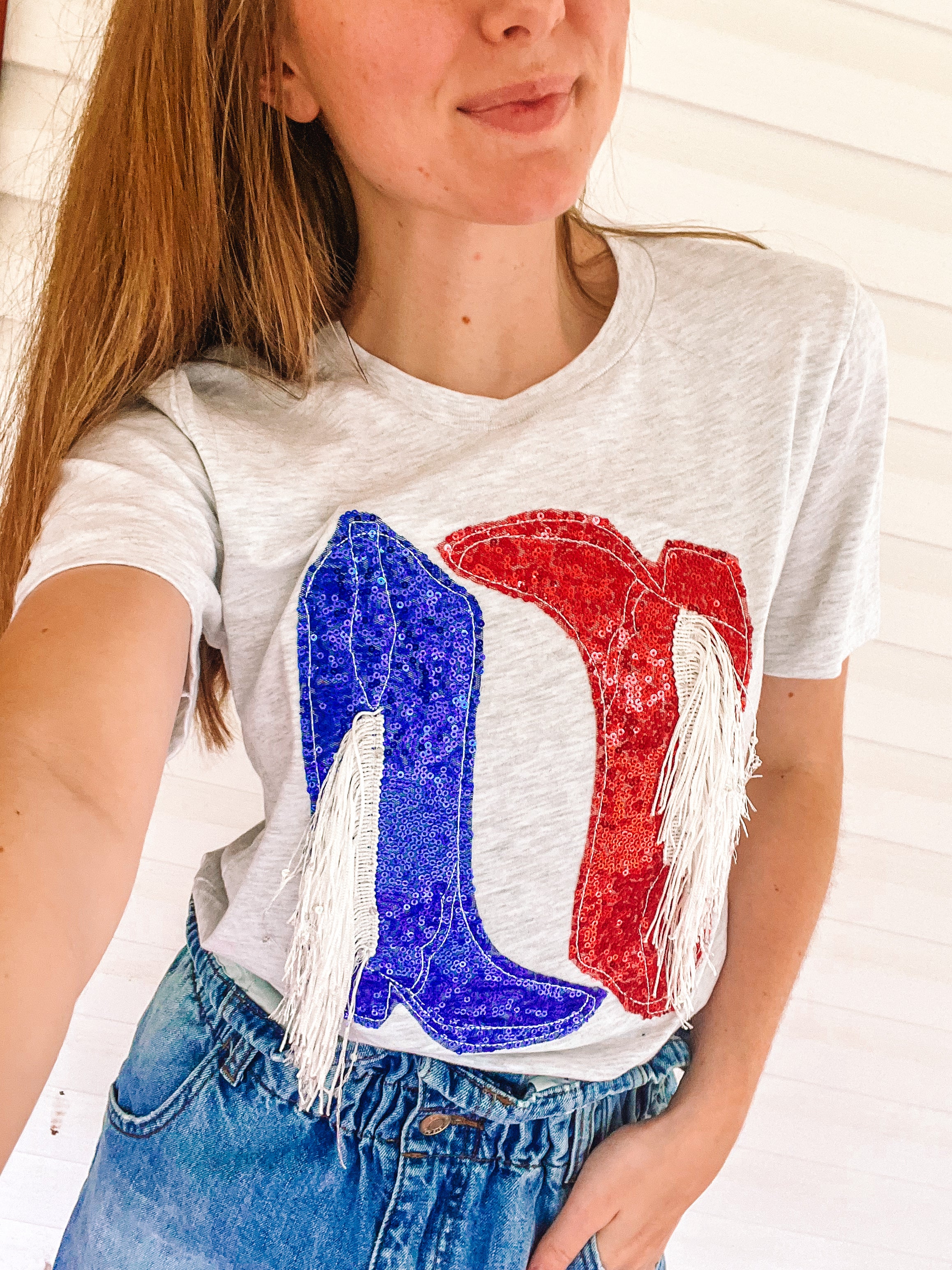 Red / Blue BOOTS Appliqué tee (2 week TAT)