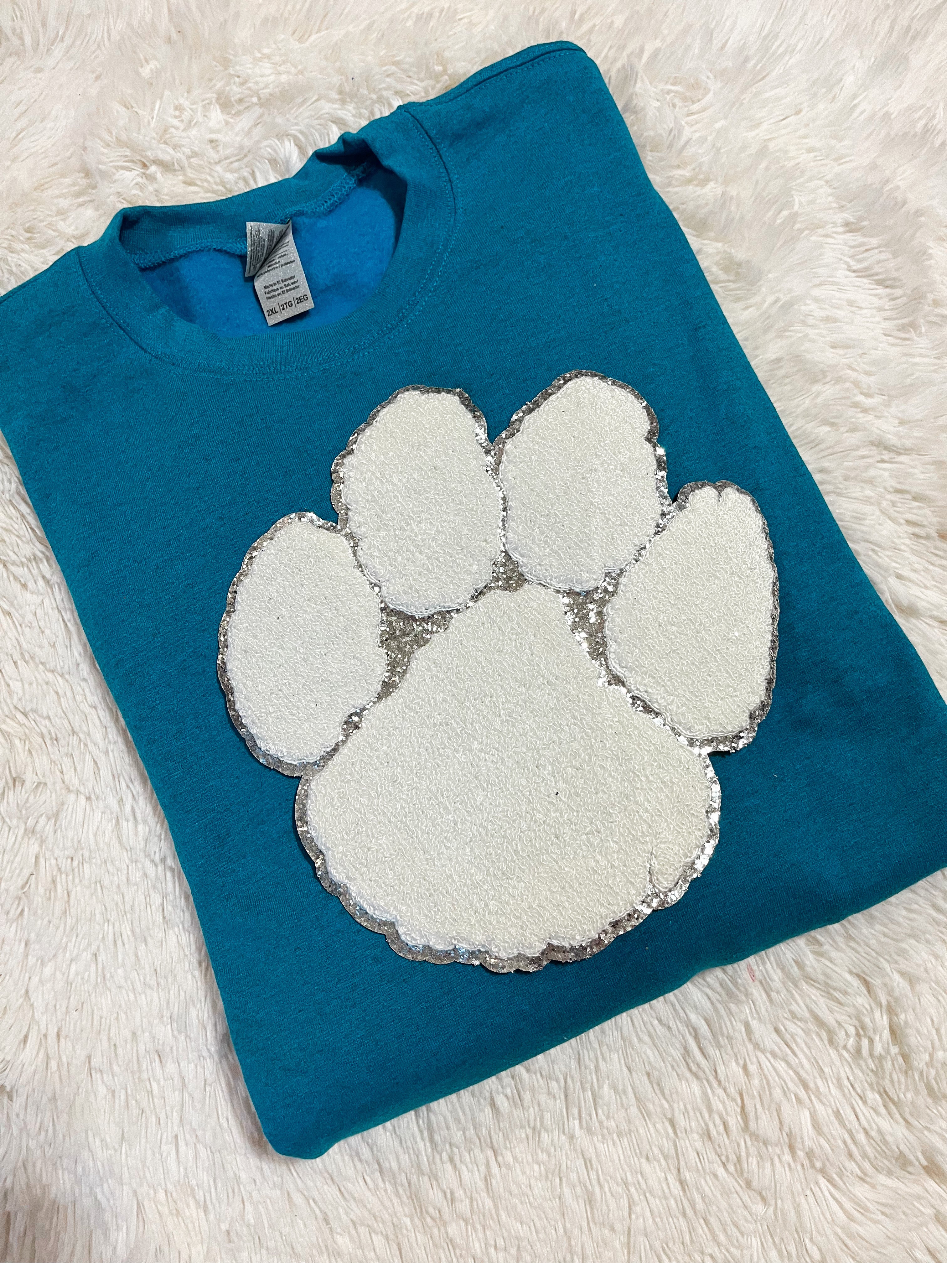 Teal Paw Chenille Sweatshirt (2 WEEK TAT)