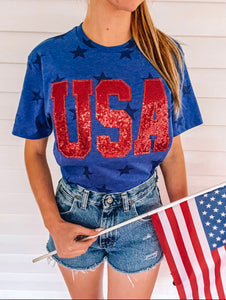 BLUE STAR block USA Sequin Appliqué tee (2 week TAT)