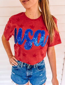 Red Star cursive USA Sequin Appliqué tee (2 week TAT)