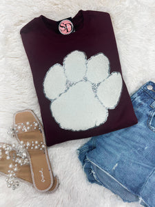 Maroon paw print Chenille Sweatshirt (2 WEEK TAT)