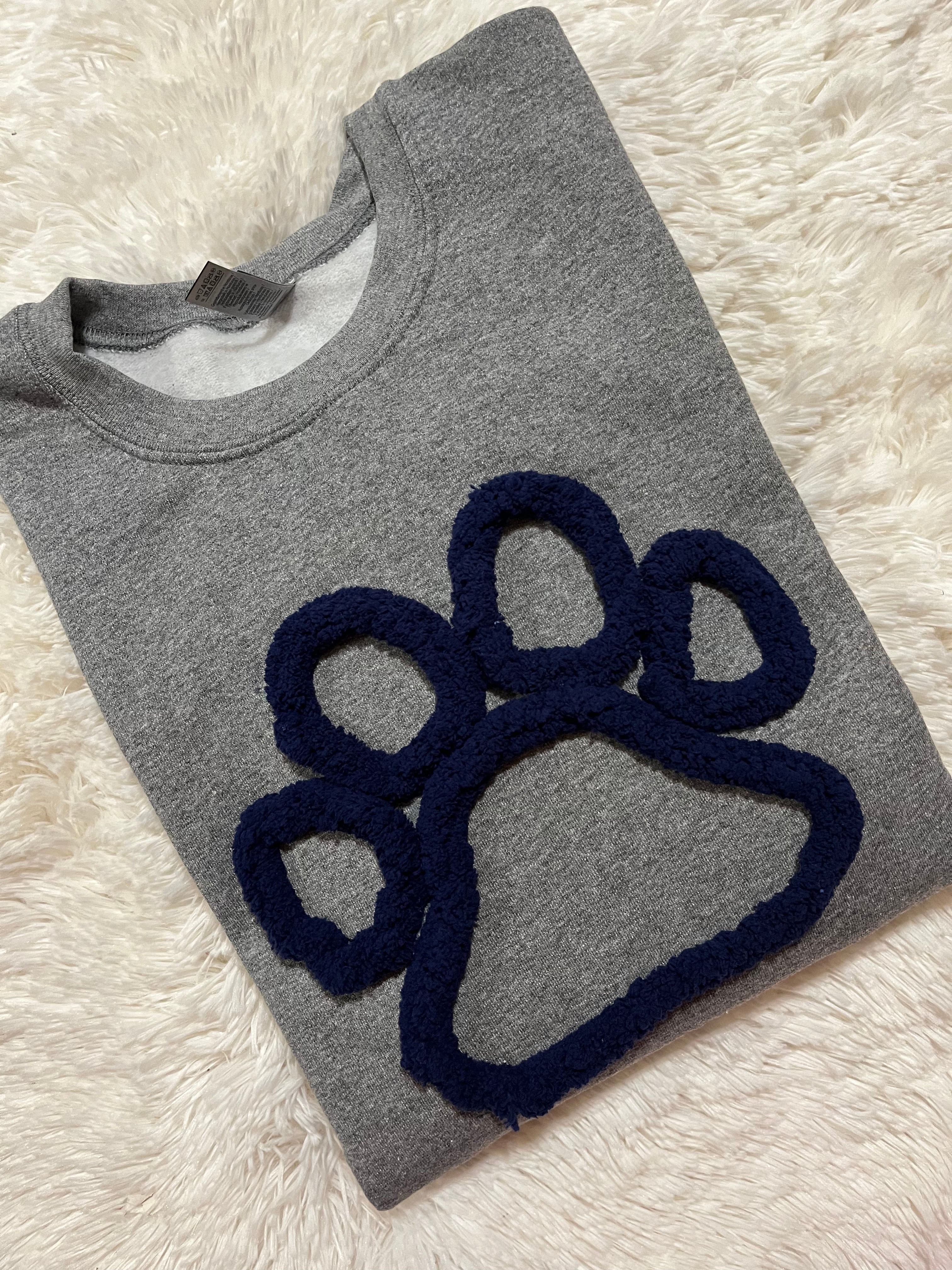 Grey with Navy Paw Chenille sweatshirt PREORDER (2 WEEK TAT)