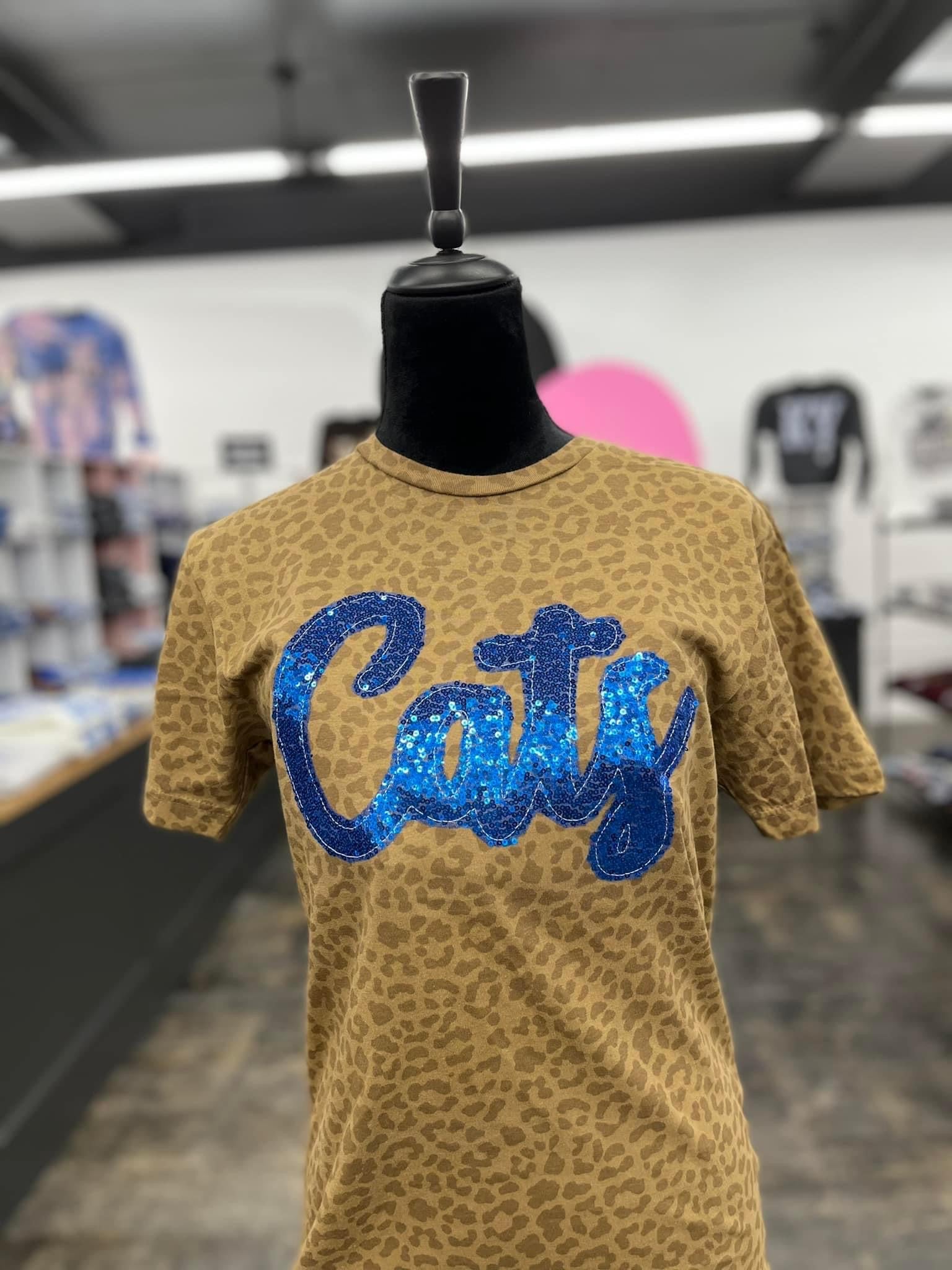 CATS Cursive Blue Sequin Leopard Appliqué Tee