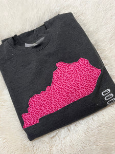 Dark Grey Pink Leopard Appliqué Fleece Pullover